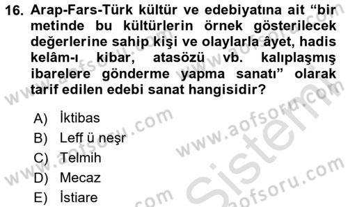 Türk İslam Edebiyatı Dersi 2025 - 2026 Yılı (Vize) Ara Sınav Soruları 16. Soru