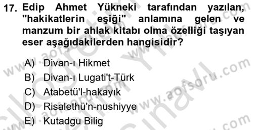 Türk İslam Edebiyatı Dersi 2025 - 2026 Yılı (Vize) Ara Sınav Soruları 17. Soru