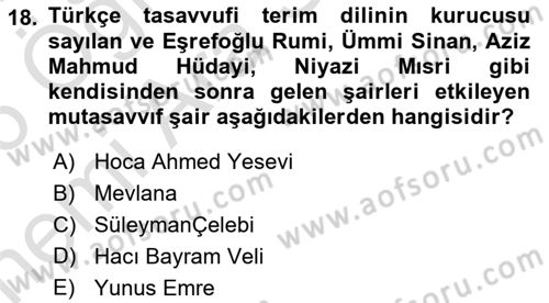 Türk İslam Edebiyatı Dersi 2025 - 2026 Yılı (Vize) Ara Sınav Soruları 18. Soru