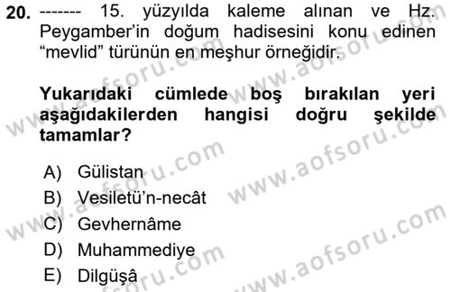 Türk İslam Edebiyatı Dersi 2025 - 2026 Yılı (Vize) Ara Sınav Soruları 20. Soru