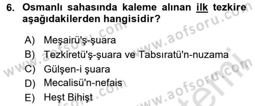 Türk İslam Edebiyatı Dersi 2025 - 2026 Yılı (Vize) Ara Sınav Soruları 6. Soru
