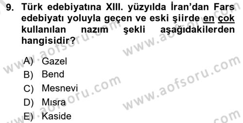 Türk İslam Edebiyatı Dersi 2025 - 2026 Yılı (Vize) Ara Sınav Soruları 9. Soru