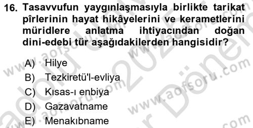 Türk İslam Edebiyatı Dersi 2025 - 2026 Yılı (Final) Dönem Sonu Sınav Soruları 16. Soru