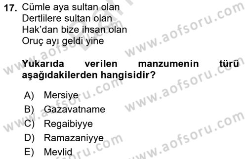 Türk İslam Edebiyatı Dersi 2025 - 2026 Yılı (Final) Dönem Sonu Sınav Soruları 17. Soru