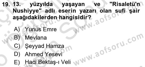 Türk İslam Edebiyatı Dersi 2025 - 2026 Yılı (Final) Dönem Sonu Sınav Soruları 19. Soru