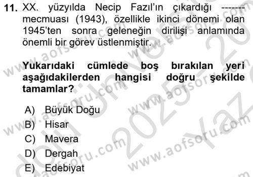 Türk İslam Edebiyatı Dersi 2025 - 2026 Yılı Yaz Okulu Sınav Soruları 11. Soru