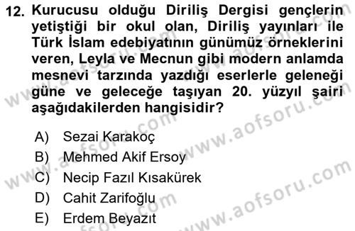 Türk İslam Edebiyatı Dersi 2025 - 2026 Yılı Yaz Okulu Sınav Soruları 12. Soru