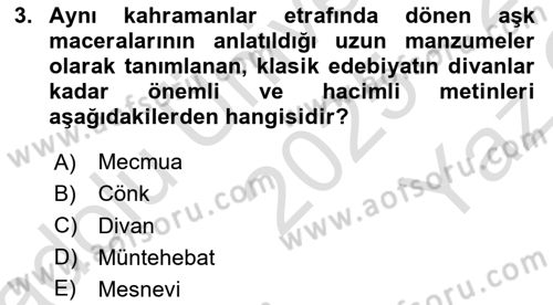 Türk İslam Edebiyatı Dersi 2025 - 2026 Yılı Yaz Okulu Sınav Soruları 3. Soru