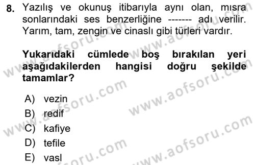Türk İslam Edebiyatı Dersi 2025 - 2026 Yılı Yaz Okulu Sınav Soruları 8. Soru