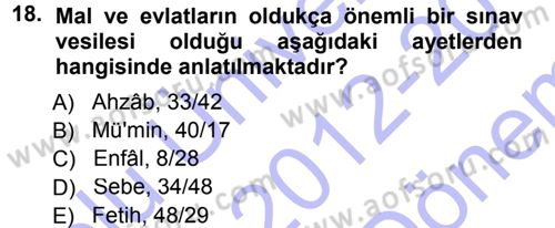 Tefsir Dersi 2012 - 2013 Yılı (Final) Dönem Sonu Sınav Soruları 18. Soru