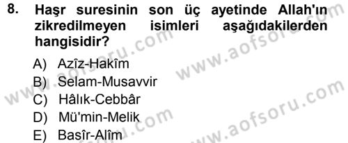 Tefsir Dersi 2012 - 2013 Yılı (Final) Dönem Sonu Sınav Soruları 8. Soru