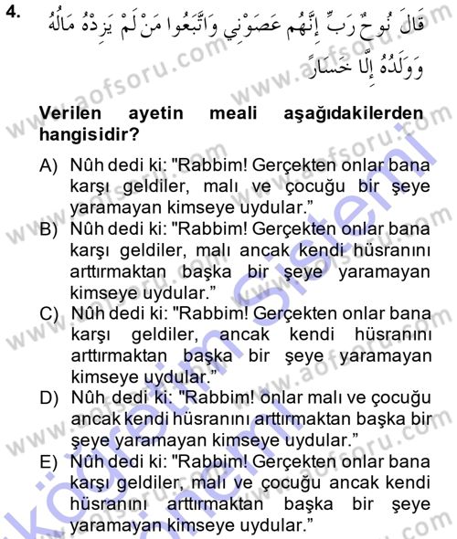 Tefsir Dersi Ara Sınavı Deneme Sınav Soruları 4. Soru