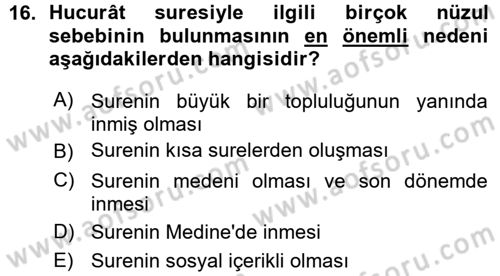 Tefsir Dersi Ara Sınavı Deneme Sınav Soruları 16. Soru
