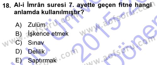 Tefsir Dersi 2015 - 2016 Yılı (Final) Dönem Sonu Sınav Soruları 18. Soru