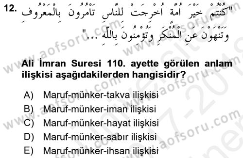 Tefsir Dersi 2017 - 2018 Yılı (Final) Dönem Sonu Sınav Soruları 12. Soru