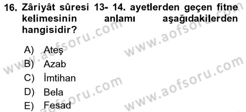 Tefsir Dersi 2018 - 2019 Yılı 3 Ders Sınav Soruları 16. Soru