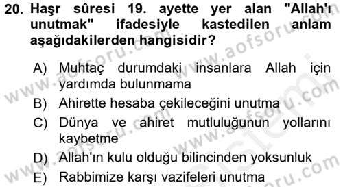 Tefsir Dersi Ara Sınavı Deneme Sınav Soruları 20. Soru