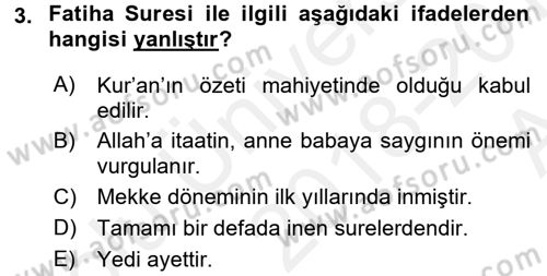 Tefsir Dersi Ara Sınavı Deneme Sınav Soruları 3. Soru