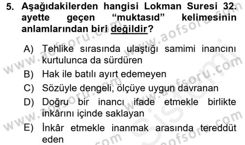 Tefsir Dersi 2018 - 2019 Yılı (Vize) Ara Sınav Soruları 5. Soru