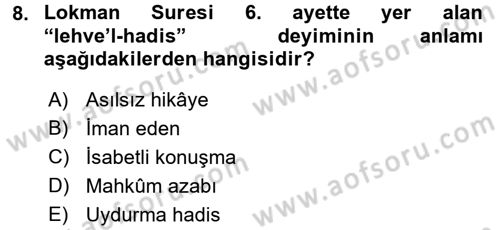Tefsir Dersi Ara Sınavı Deneme Sınav Soruları 8. Soru