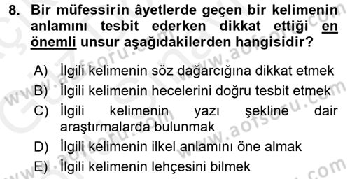 Tefsir Dersi 2018 - 2019 Yılı (Final) Dönem Sonu Sınav Soruları 8. Soru
