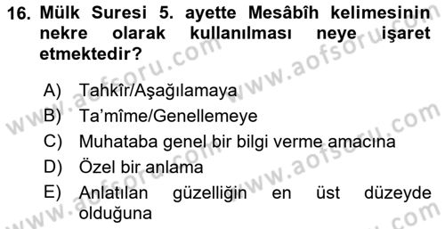 Tefsir Dersi 2019 - 2020 Yılı (Vize) Ara Sınavı 16. Soru