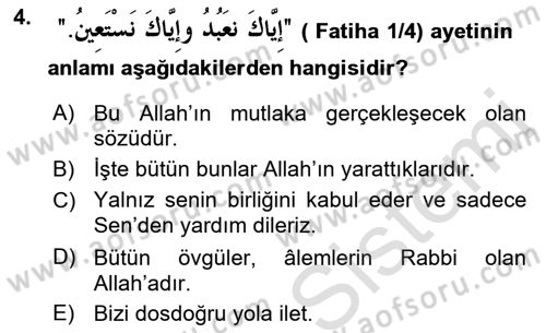 Tefsir Dersi 2019 - 2020 Yılı (Vize) Ara Sınav Soruları 4. Soru