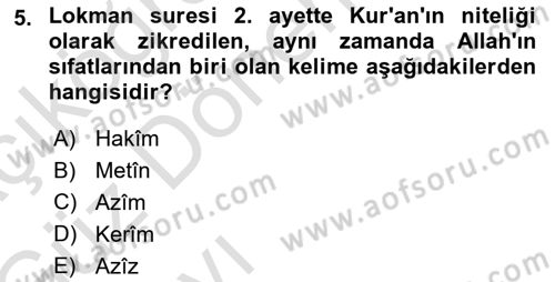 Tefsir Dersi Ara Sınavı Deneme Sınav Soruları 5. Soru