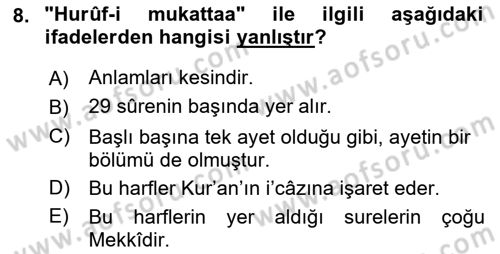 Tefsir Dersi 2019 - 2020 Yılı (Vize) Ara Sınav Soruları 8. Soru