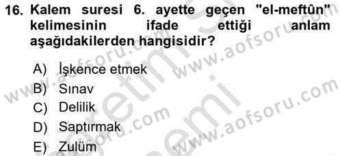 Tefsir Dersi 2019 - 2020 Yılı (Final) Dönem Sonu Sınav Soruları 16. Soru