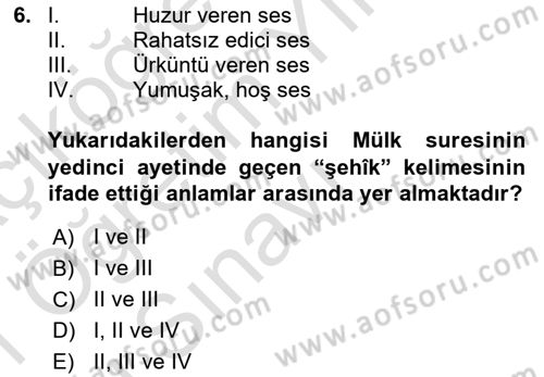 Tefsir Dersi 2020 - 2021 Yılı Yaz Okulu Sınav Soruları 6. Soru