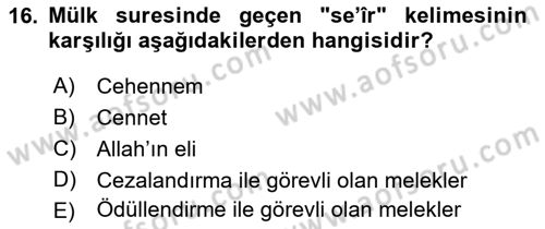 Tefsir Dersi Ara Sınavı Deneme Sınav Soruları 16. Soru