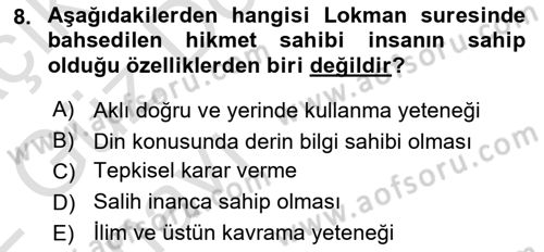 Tefsir Dersi 2021 - 2022 Yılı (Vize) Ara Sınav Soruları 8. Soru