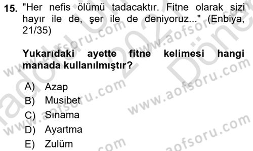 Tefsir Dersi 2021 - 2022 Yılı (Final) Dönem Sonu Sınav Soruları 15. Soru