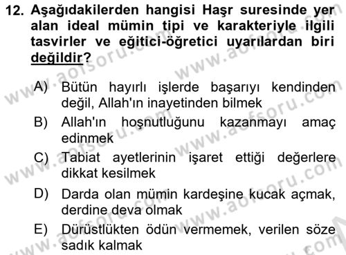 Tefsir Dersi 2021 - 2022 Yılı Yaz Okulu Sınav Soruları 12. Soru