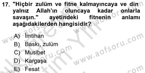 Tefsir Dersi 2021 - 2022 Yılı Yaz Okulu Sınav Soruları 17. Soru