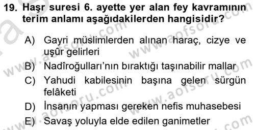 Tefsir Dersi Ara Sınavı Deneme Sınav Soruları 19. Soru