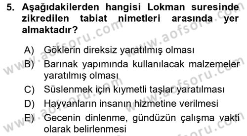 Tefsir Dersi Ara Sınavı Deneme Sınav Soruları 5. Soru