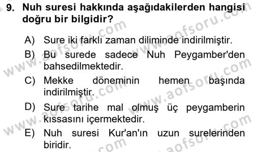 Tefsir Dersi Ara Sınavı Deneme Sınav Soruları 9. Soru