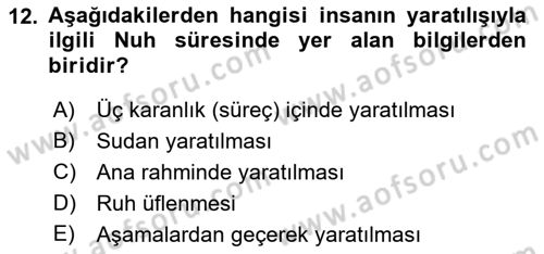 Tefsir Dersi Ara Sınavı Deneme Sınav Soruları 12. Soru