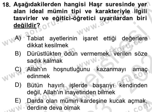 Tefsir Dersi Ara Sınavı Deneme Sınav Soruları 18. Soru