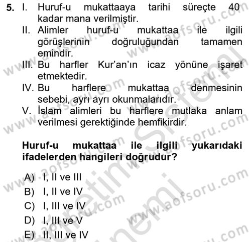 Tefsir Dersi 2023 - 2024 Yılı (Vize) Ara Sınav Soruları 5. Soru