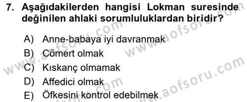 Tefsir Dersi 2023 - 2024 Yılı (Vize) Ara Sınav Soruları 7. Soru