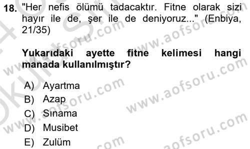 Tefsir Dersi 2023 - 2024 Yılı Yaz Okulu Sınav Soruları 18. Soru