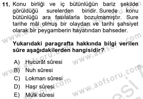 Tefsir Dersi 2024 - 2025 Yılı (Vize) Ara Sınavı 11. Soru