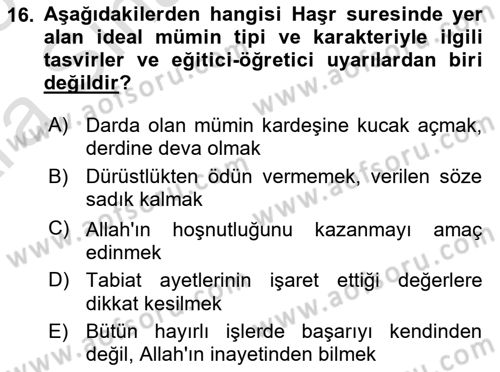 Tefsir Dersi 2024 - 2025 Yılı (Vize) Ara Sınav Soruları 16. Soru