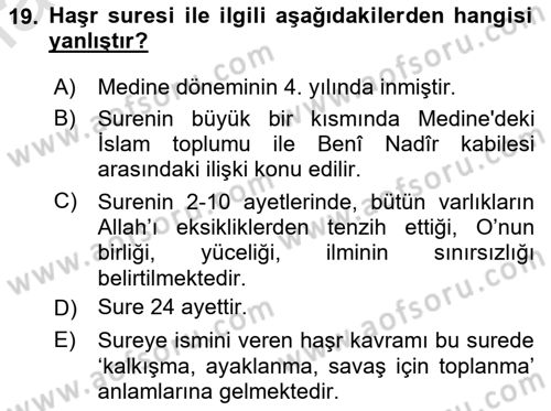 Tefsir Dersi 2024 - 2025 Yılı (Vize) Ara Sınav Soruları 19. Soru