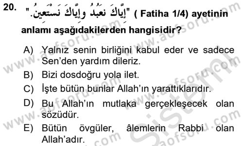 Tefsir Dersi Ara Sınavı Deneme Sınav Soruları 20. Soru