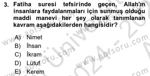 Tefsir Dersi Ara Sınavı Deneme Sınav Soruları 3. Soru