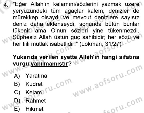 Tefsir Dersi Ara Sınavı Deneme Sınav Soruları 4. Soru